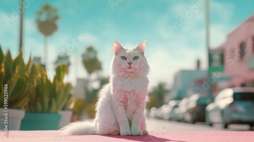 Striking portrait of white Persian cat in the urban streets of Bel-air, Los Angeles. Vaporwave blue and pink coloring, hot summer day, palm trees, relaxed vibe, captivating portrait - generative AI