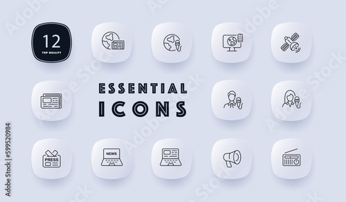 News icon set. News media, journalism, reporting, and broadcasting. News outlet, current events. Information concept. Neomorphism style. Vector line icon for Business and Advertising