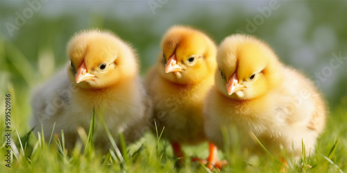 Yellow little chicks outdoors on fresh grass