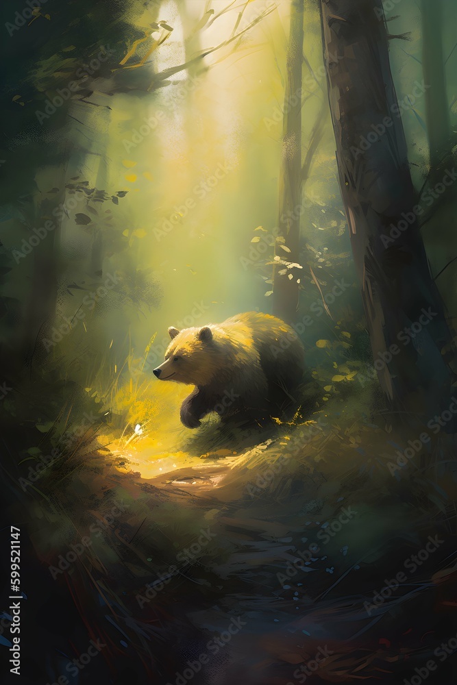 cute digital brush painting of a brown bear walking through the forest ...