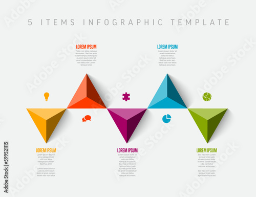 Five horizontal items elements template with icons and triangle arrows