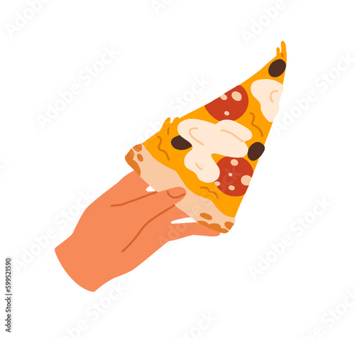 Hand holding pizza slice. Taking Italian fast food, cut triangle piece. Tasty...