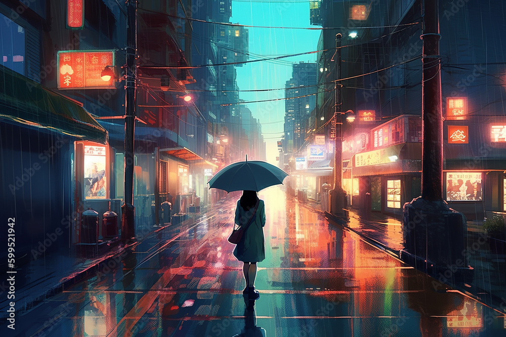 Pretty anime girl standing at night city street in the rain. AI ...