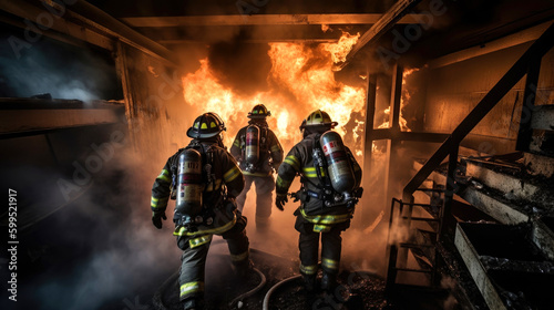 Firefighters extinguish the building. Generative AI