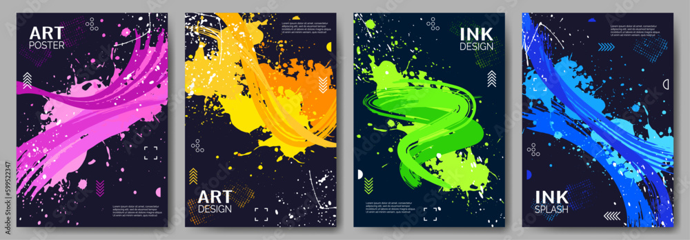 Set of abstract posters. Bright brush strokes, a colorful splash of paint or ink on a black background. Design background, cover, postcard, banner. Vector illustration. - obrazy, fototapety, plakaty 