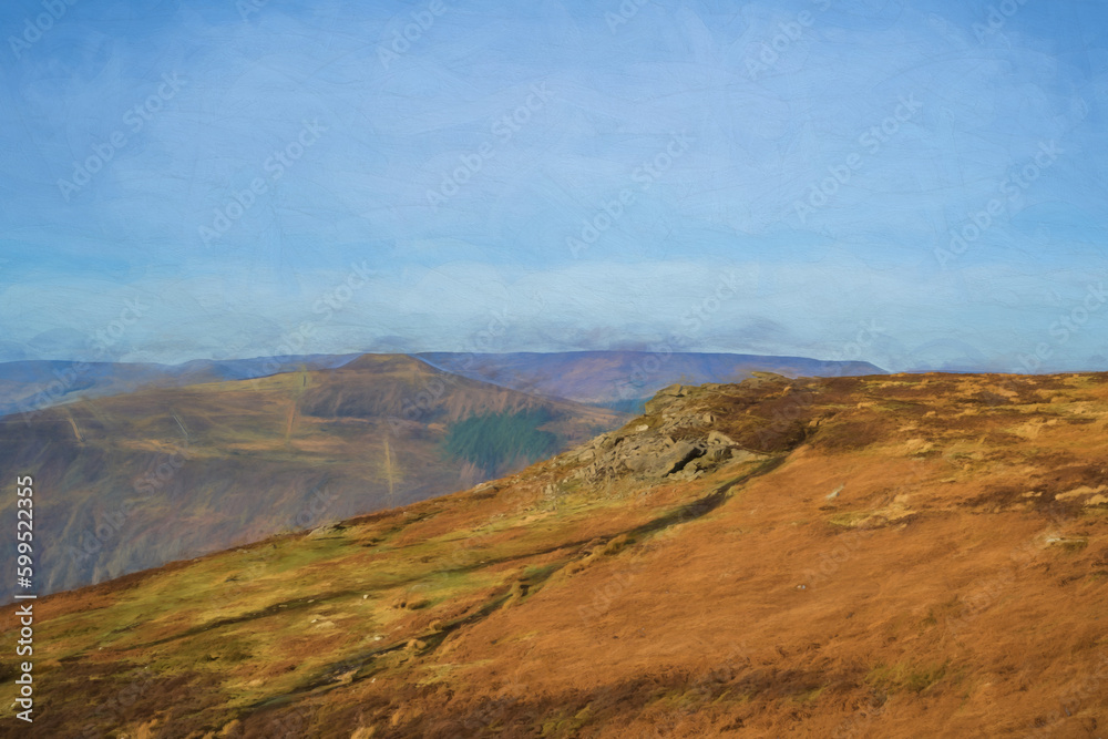 Bamford Edge digital oil painting of Win Hill at sunrise in the Peak District, UK.