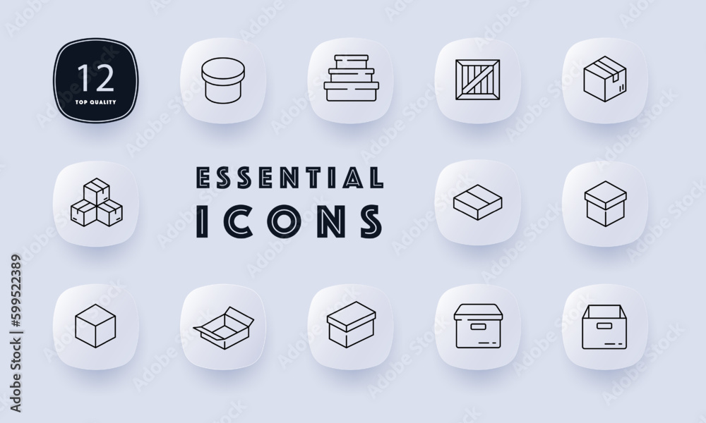 Cardboard boxes icon set. Perfect for, storage, or moving. Packaging concept. Neomorphism style. Vector line icon for Business Cardboard boxes icon set. Perfect for, storage, or moving. Packaging concept. Neomorphism style. Vector line icon for Business