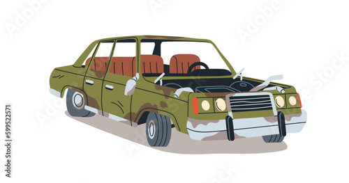 Abandoned rusted dirty car. Aged junk auto. Broken damaged rusty automobile. Desolate used ruined transport trash, garbage, waste. Flat graphic vector illustration isolated on white background