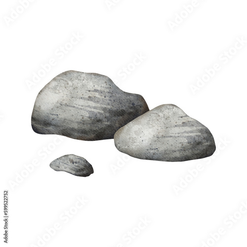 Sea Pebbles. Natural stones pile. Solid rocks nature landscape element. Beautiful detail of landscape, seascape, nature scene. Hand drawn watercolor illustration for card, border, label, souvenirs