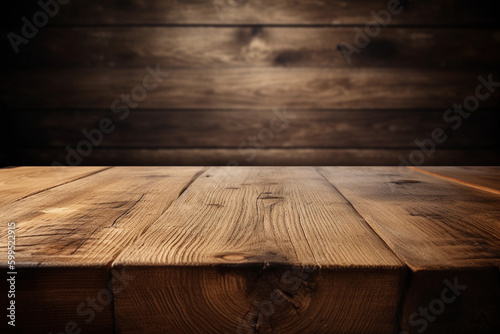 A wooden table with a dark background template mock up AI generation