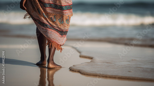 Generated AI image of a low body section of an african woman walking barefeet at the beach in summer 