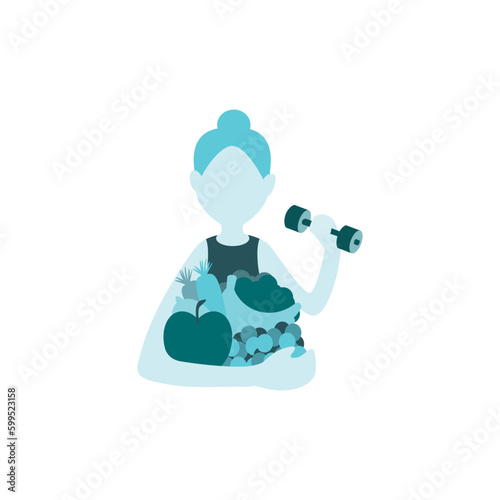 Gesundheit, Fitness, Frau hält Obst, Gemüse und eine Hantel in den Händen 