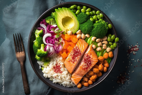 Buddha bowl with salmon. Healthy food. Generative ai photo