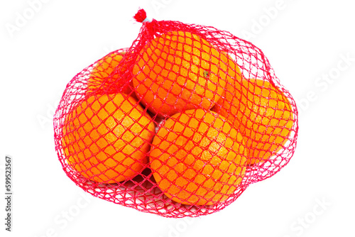 Fresh Oranges in a Mesh Bag on White