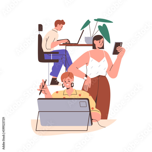 Team work in startup company. Creative workers working under business project, doing own task. Company agency workspace. Teamwork concept. Flat graphic vector illustration isolated on white background