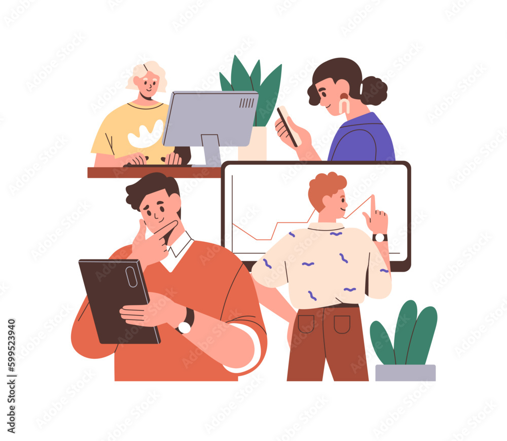 Colleagues team works under project, contributing to common business, company. Different roles, individual job in teamwork. Concept flat graphic vector illustration isolated on white background - obrazy, fototapety, plakaty 