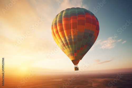 Amazing hot air balloon flies at sunset. Romantic trip on a balloon with sunrise © alones