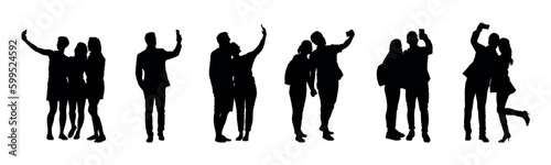 Collection of silhouette people taking selfie in different poses vector set.