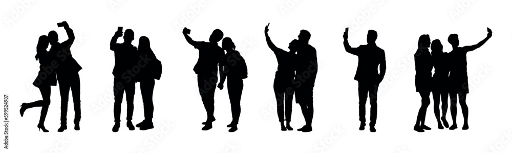 Set silhouettes people taking selfie with smartphone with different poses flat vector.