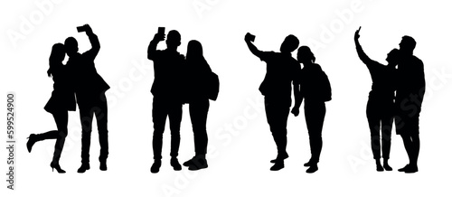 Group of couple man and woman taking selfie with smartphone silhouette vector set.