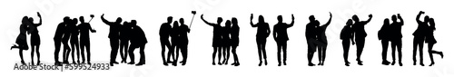 Collection of silhouette people taking selfie in different poses vector set.