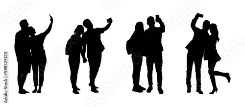 Silhouettes set of people taking selfie in different poses on white background flat vector.