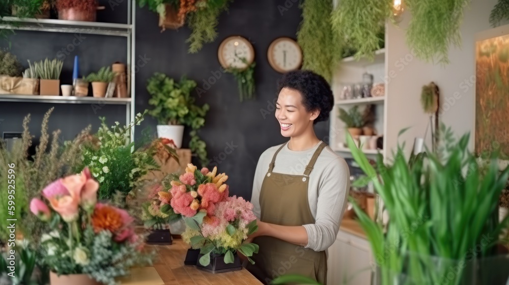 Happy florist selling plants and flowers. Generative AI.
