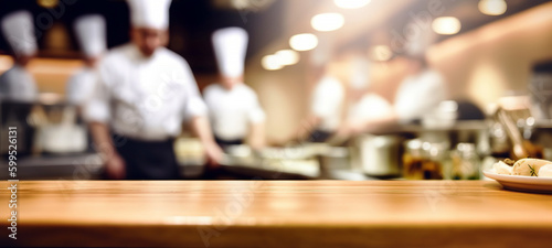 Empty Wood table top with Chef cooking in restaurant kitchen blurred defocused background