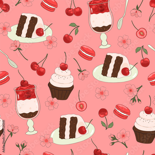 Seamless pattern with cherry desserts, flowers and berries. Vector graphics.