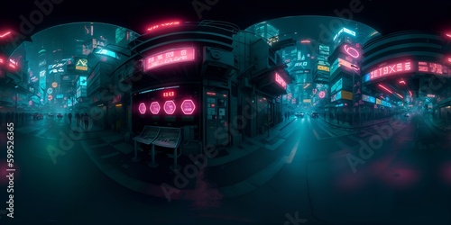 Full 360 degrees seamless spherical panorama HDRI equirectangular projection of Cyberpunk Night City Tron Future. Texture environment map for lighting and reflection source rendering 3d scenes. photo