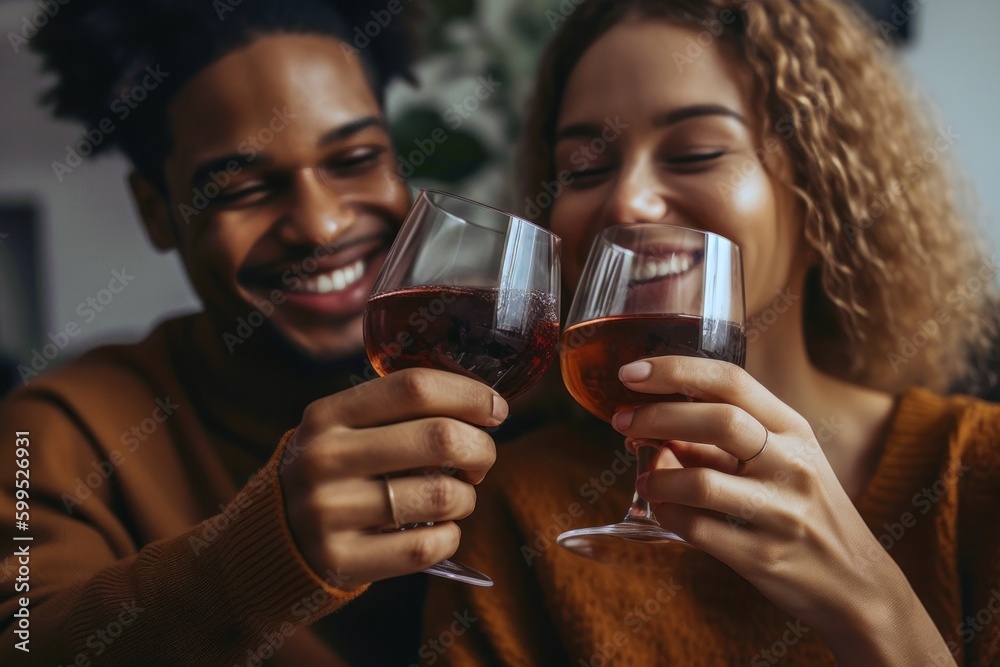 Date night - couple toasting to a night in, sharing drinks, romance, love, togetherness, and intimate moments in the comfort of their home, generative ai - obrazy, fototapety, plakaty 