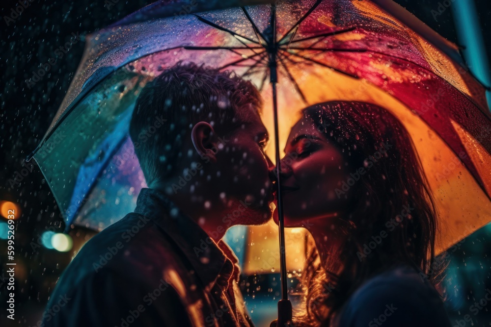Romantic couple kissing passionately under umbrella in rain, expressing