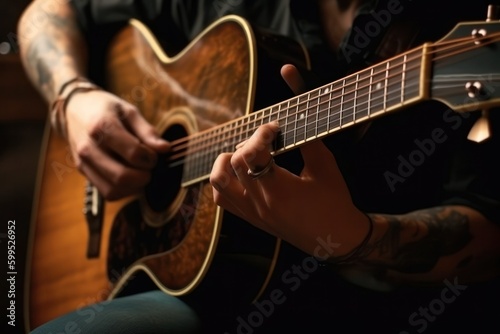 A musician strumming a guitar with passion, focus on hands and strings, showcasing skill, talent, and love for music, generative ai