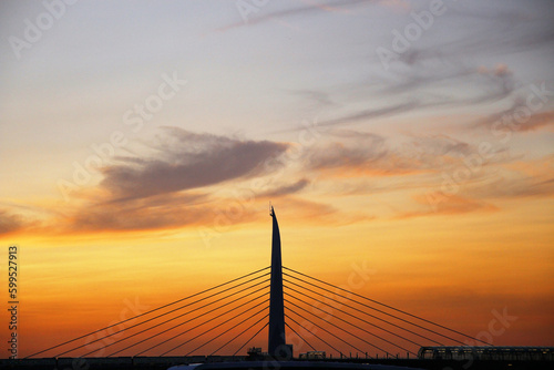 cable bridge at sunset photo