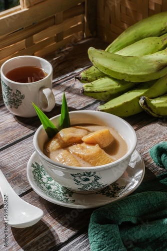 Sweet dessert Malaysia people called Pengat Pisang and Indonesian people called Kolak Pisang Ubi. It is made from banana and coconut milk.