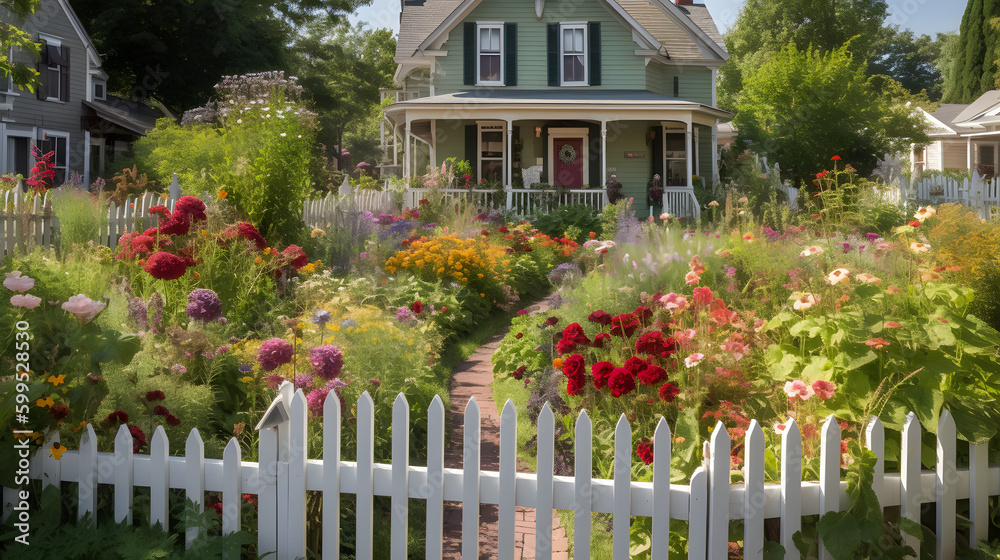 A beautiful and well-maintained garden with colorful flowers and lush greenery, surrounded by a white picket fence. A beautiful and well-maintained garden with colorful flowers and lush greenery, surrounded by a white picket fence.