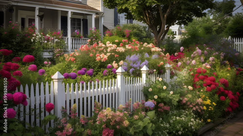 A beautiful and well-maintained garden with colorful flowers and lush greenery, surrounded by a white picket fence.
