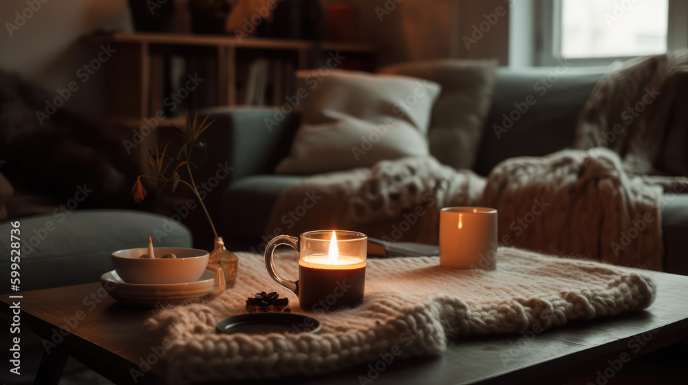 Cozy Relaxation Retreat. An Empty Coffee Table in a Tranquil Living Room Scene. Home Comfort AI Generative.
