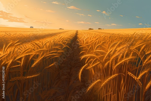 Fotobehang a picture of a wheat field as the sun goes down Generative AI