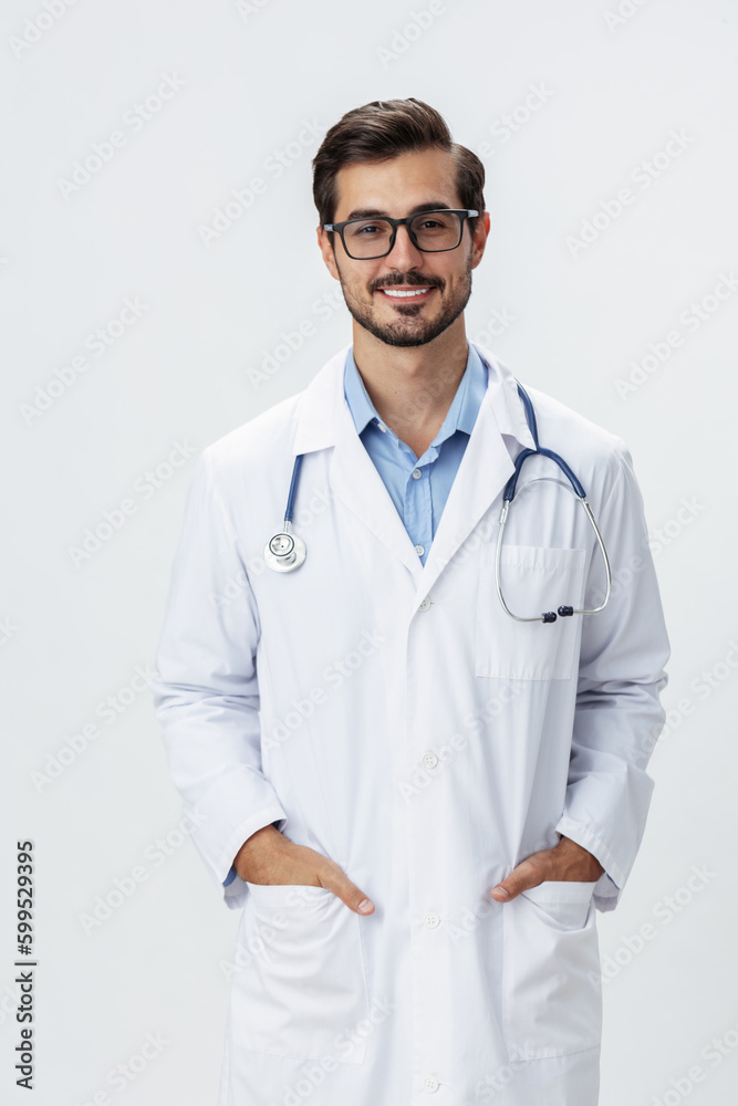 Man doctor in white coat and eyeglasses smile shows hand gestures signs on white isolated background looks into camera, copy space, space for text, health Man doctor in white coat and eyeglasses smile shows hand gestures signs on white isolated background looks into camera, copy space, space for text, health