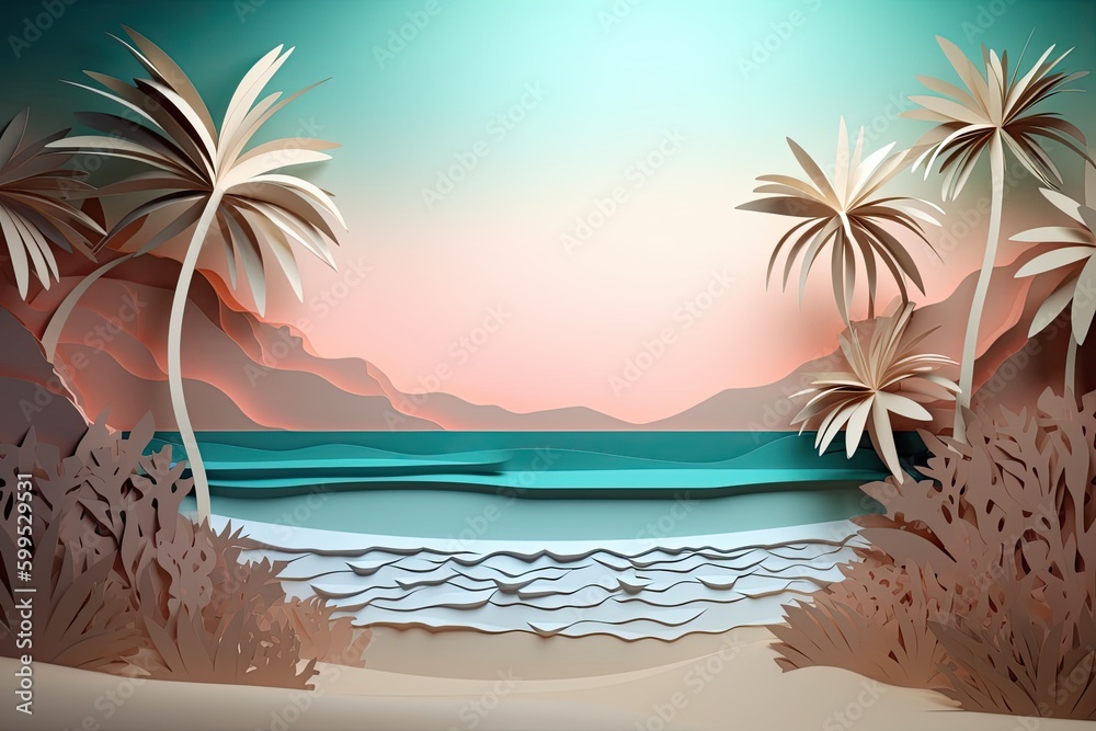 Layered paper palm trees on the sand beach, ocean. paper art. summer colors, dreamy sky background, Generative AI