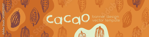 Confectionery banner with cocoa beans seamless pattern. Vector Cacao beans background for chocolate packaging or cocoa powder. Cocoa plant illustration for cosmetic label design. Organic cacao butter.