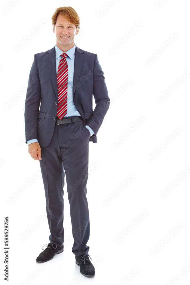 Clients love his confidence. Full length studio portrait of a confident mature businessman isolated on white.
