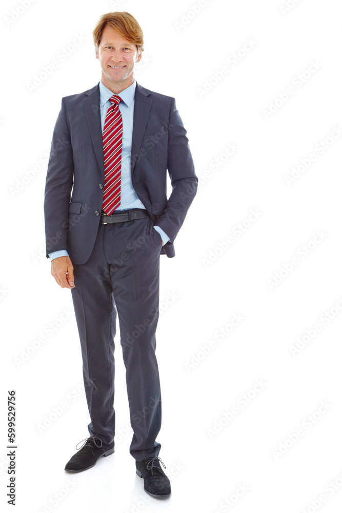 Clients love his confidence. Full length studio portrait of a confident mature businessman isolated on white. Clients love his confidence. Full length studio portrait of a confident mature businessman isolated on white.