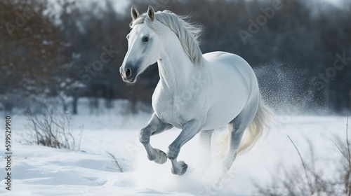 Beautiful white horse galloping in the snow.generative ai