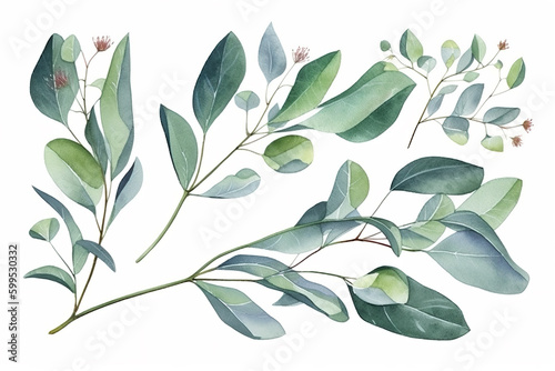 Eucalyptus, olive green leaves, Bloom watercolor illustration isolated on white background