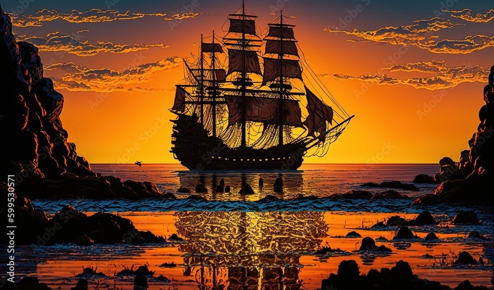 ship at sea against the backdrop of the sunset sky.