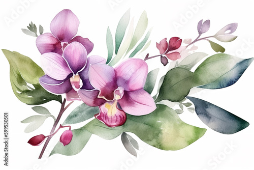 Obraz na płótnie orchid and leaves watercolor flower illustration, for greeting card, invitation