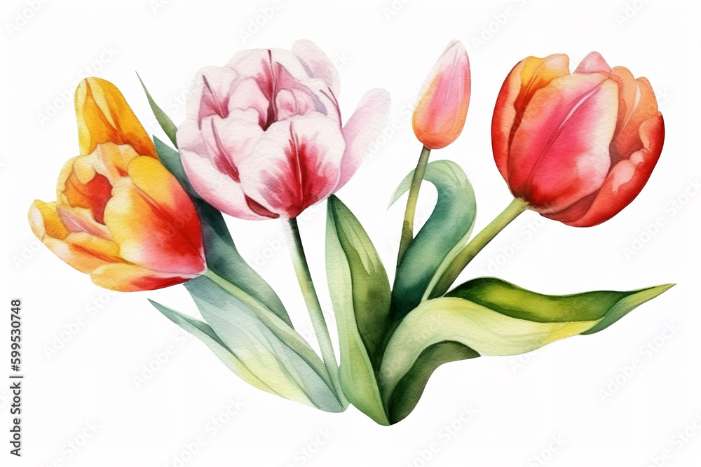 Fototapeta premium tulip and leaves watercolor flower illustration, can be used as greeting card, invitation card for wedding, birthday and other holiday, white background