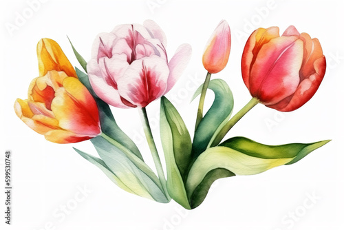 tulip and leaves watercolor flower illustration  can be used as greeting card  invitation card for wedding  birthday and other holiday  white background